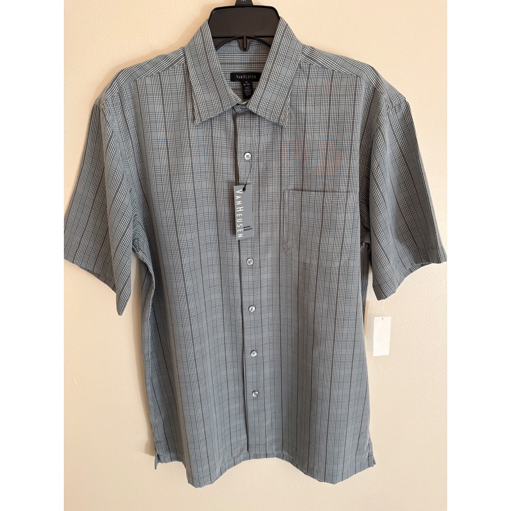 Van Heusen Mens Grey Plaid Micro-Smooth Short Sleeve Button Down Shirt Size M